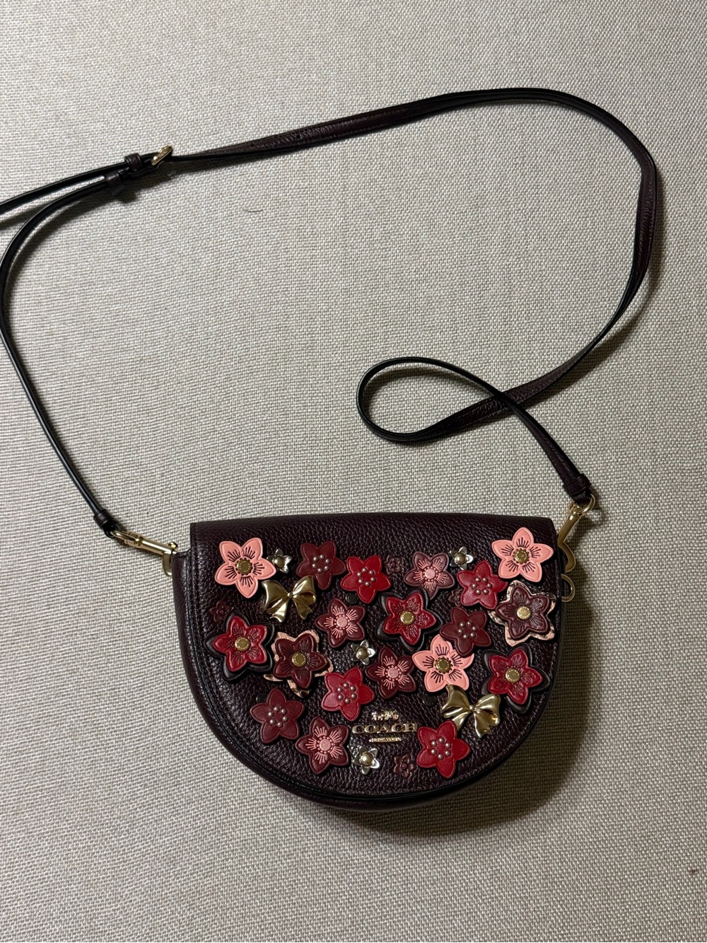 Coach Dark Brown Crossbody with Pink & Red Floral Appliqués
